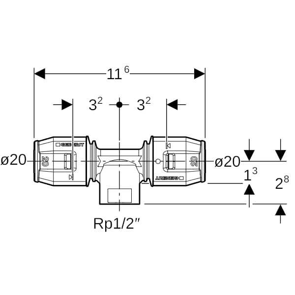 Geberit PushFit T-Stück mit IG Ms d20-Rp1/2-20
