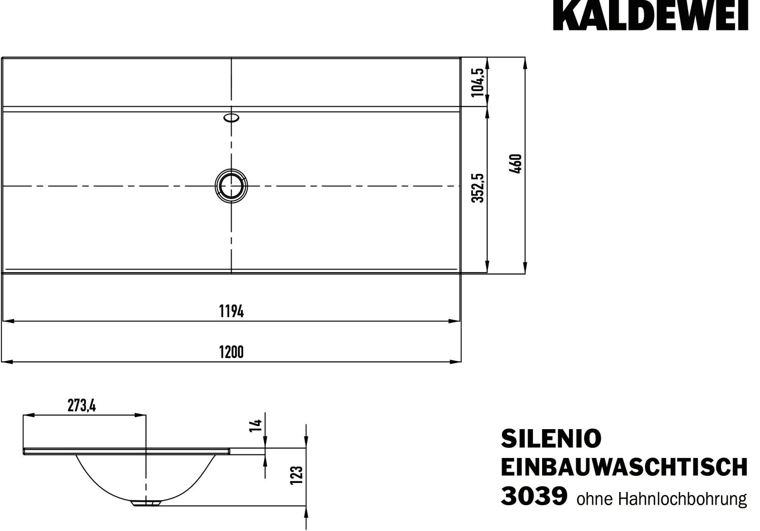KA WB SILENIO EINBAUWASCHTISCH Mod.3039, 1200x460mm,alpinweiß,PEFF,AD,mÜL,alpwe