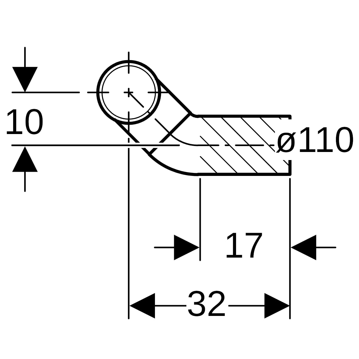 Geberit PE Anschlussbogen 90Gr für Wand-WC links gekröpft mit Erweiterung d110/90