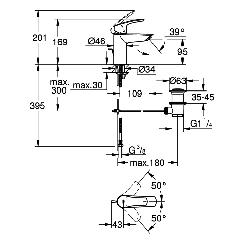 GROHE EH-WT-Batterie Eurosmart 33265_3 S-Size Zugstangen-Ablaufgarnitur chrom