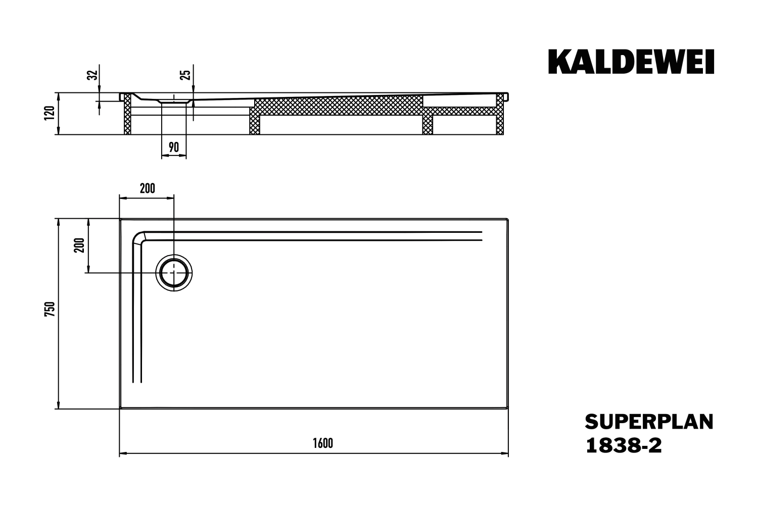 KA DW SUPERPLAN mit Wannenträger Mod. 1838-2,750x1600mm,alpinweiß,m. WT