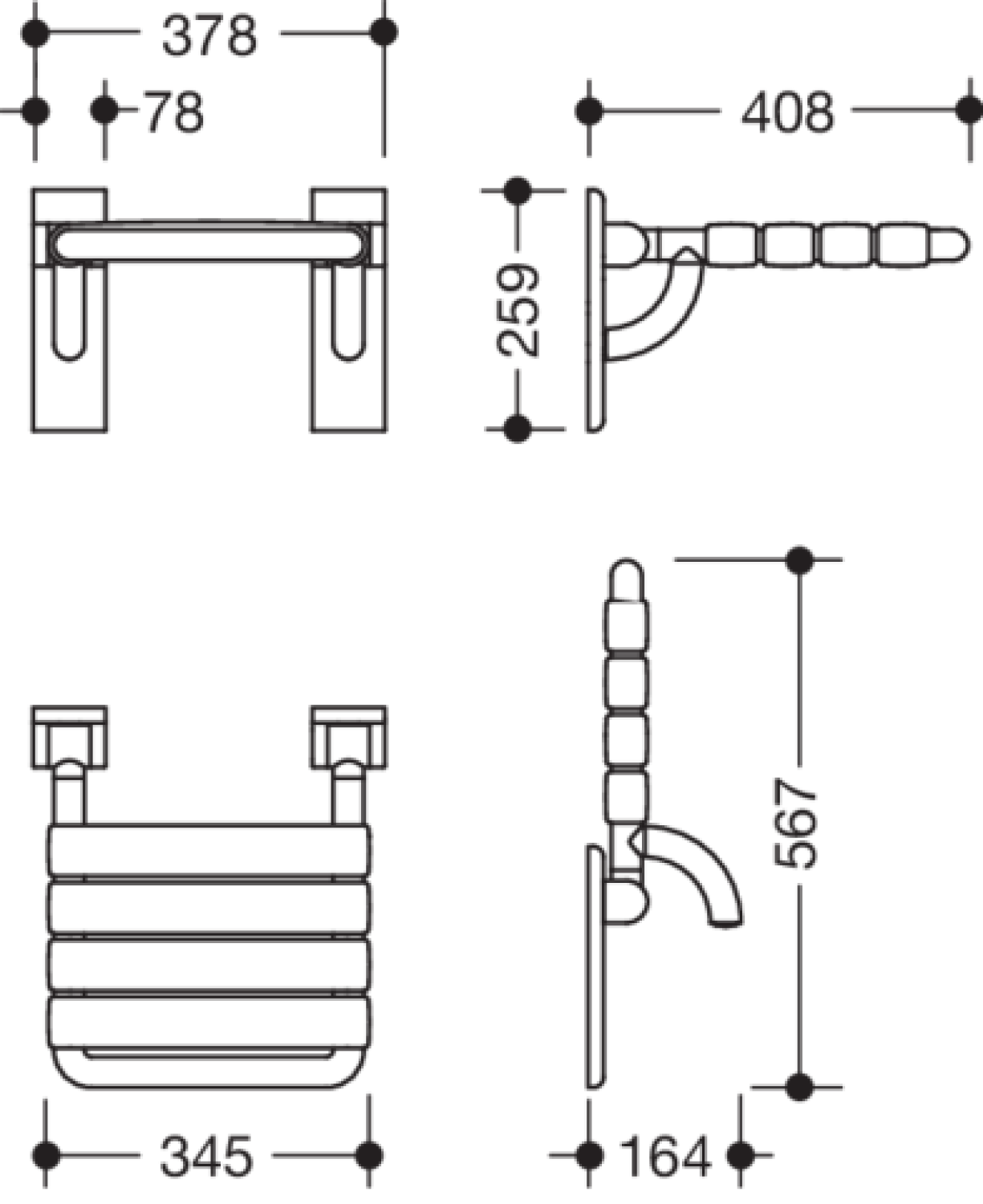 HEWI Klappsitz S801, antimikrobiell B:378 mm, H:259 mm, T:408 mm signalweiß