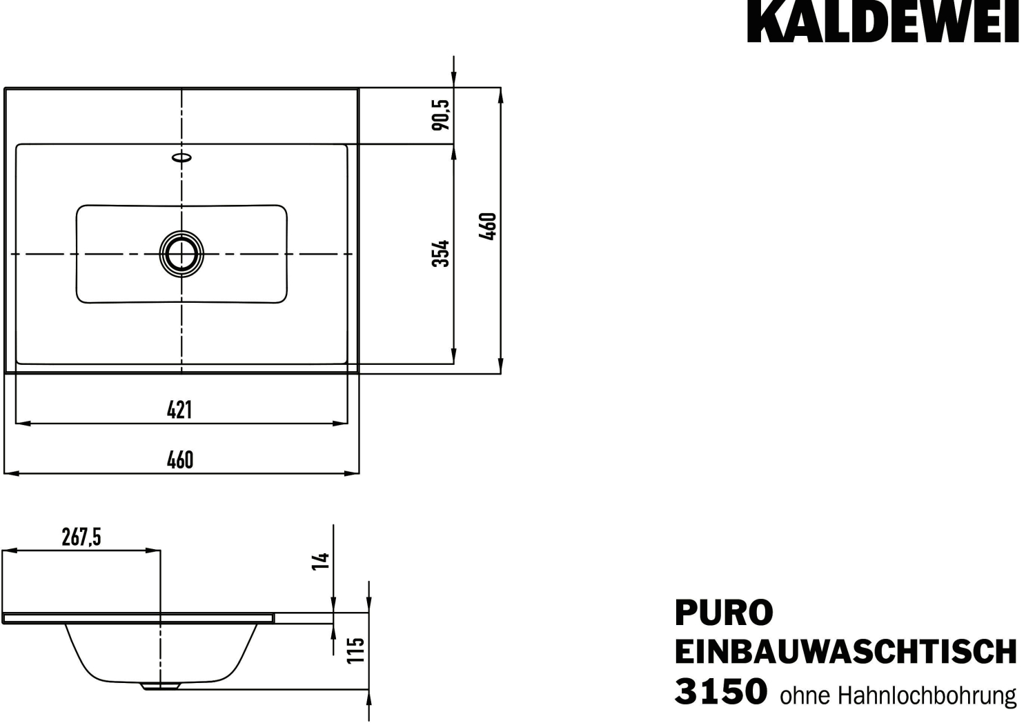 KA WB PURO EINBAUWASCHTISCH Mod.3150,460 x460mm,alpinweiß,Perl-Effekt,AD,mÜL,chr