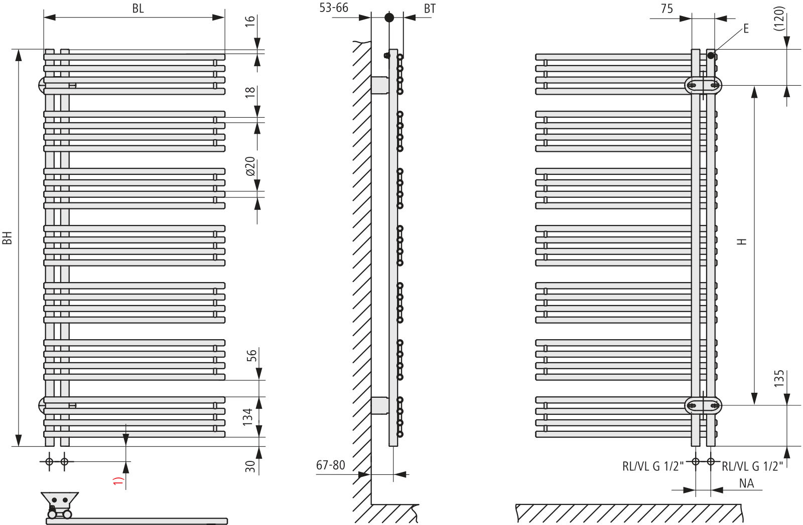 Kermi Diveo BH940x46x450mm QN413, WEI, links Anschluss Mitte
