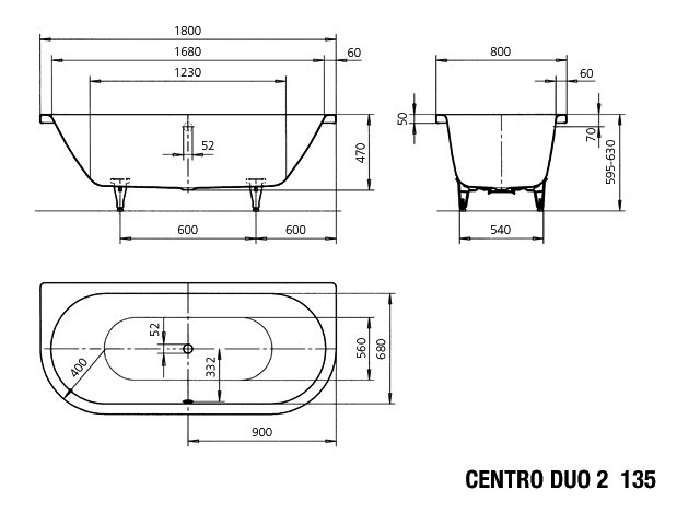 KA BW CENTRO DUO 2 Mod.135,1800x800mm, alpinweiß matt