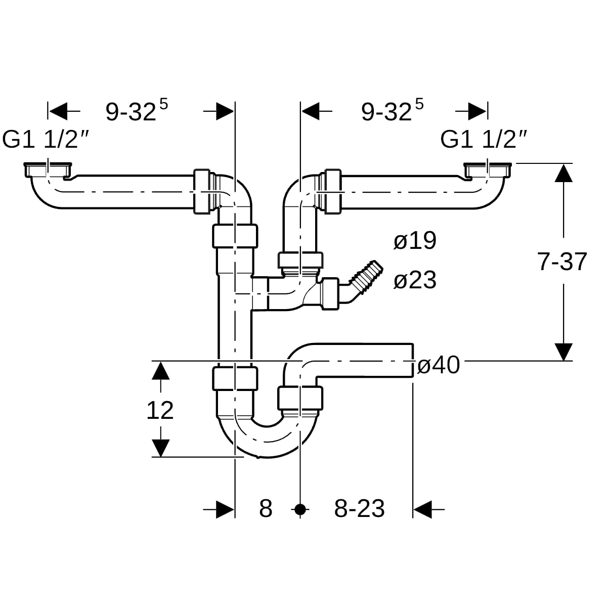 Geberit Rohrbogengeruchsverschluss für zwei Spülbecken Abgang horiz. G1 1/2x40
