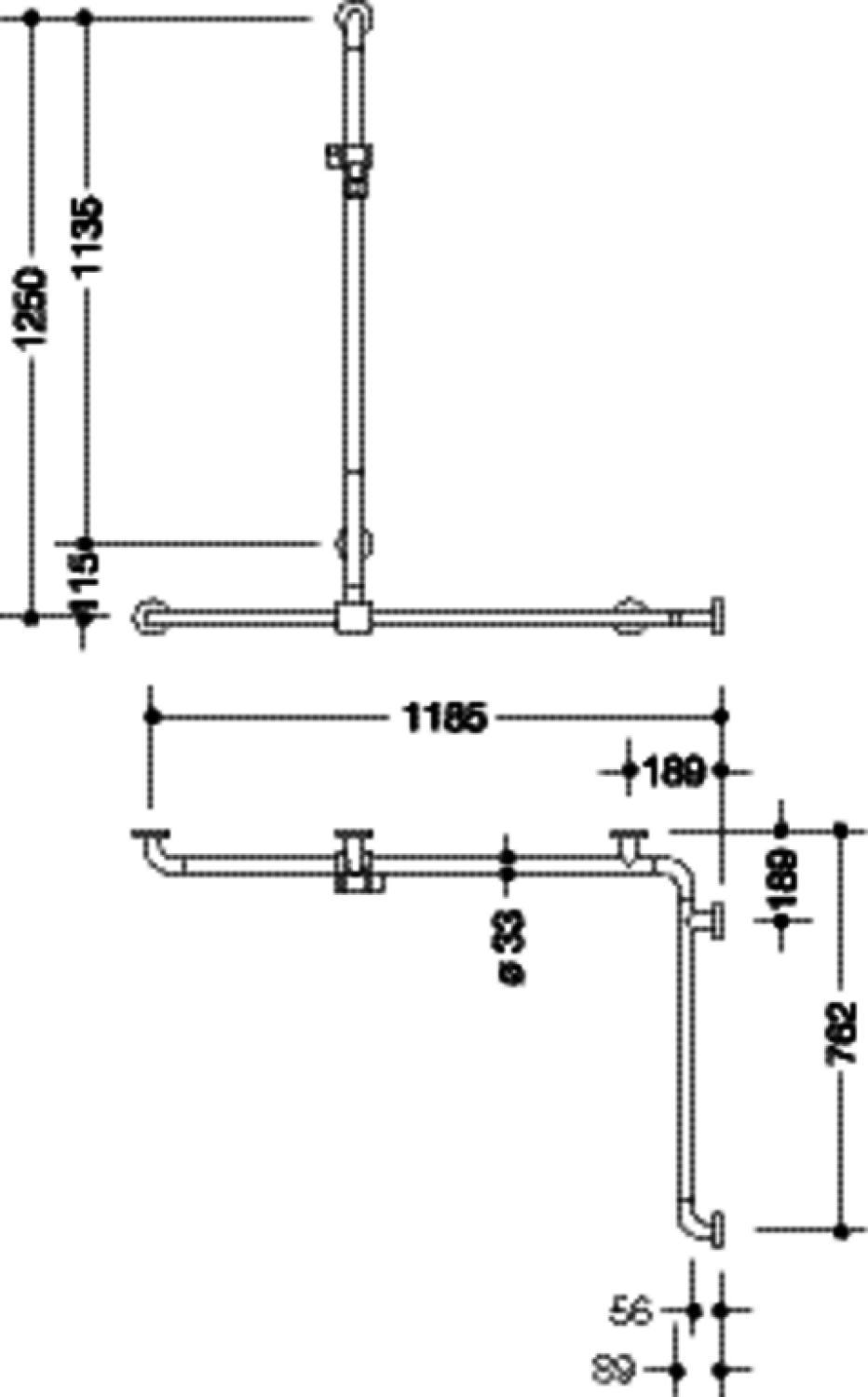 HEWI Dusch-Wannenhdl. m.Br.H.St., AM1:1250, W1:1185, W2:762 signalweiß
