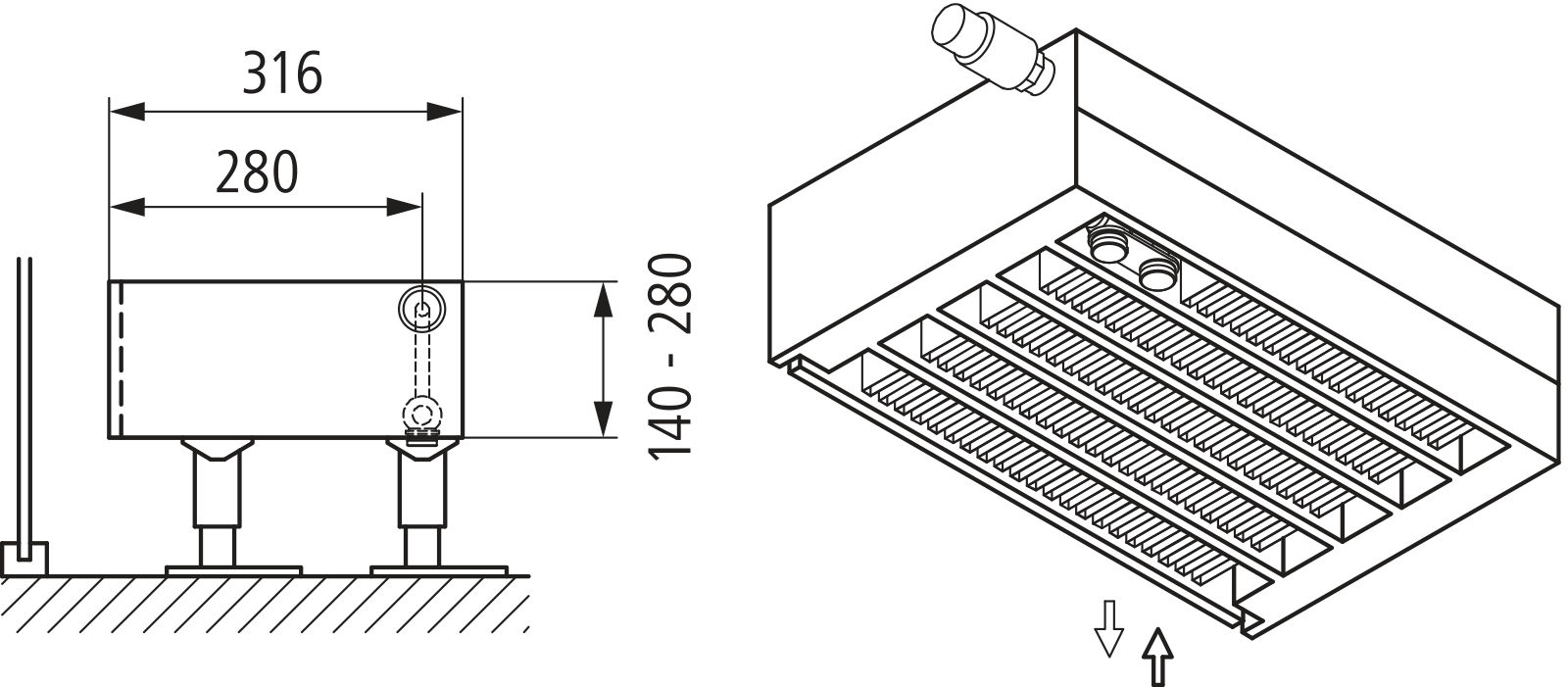 Kermi V-Kon S Typ55 BH280x316x1000mm QN2870, weiß, 6 bar, o. Abd., Vent. re