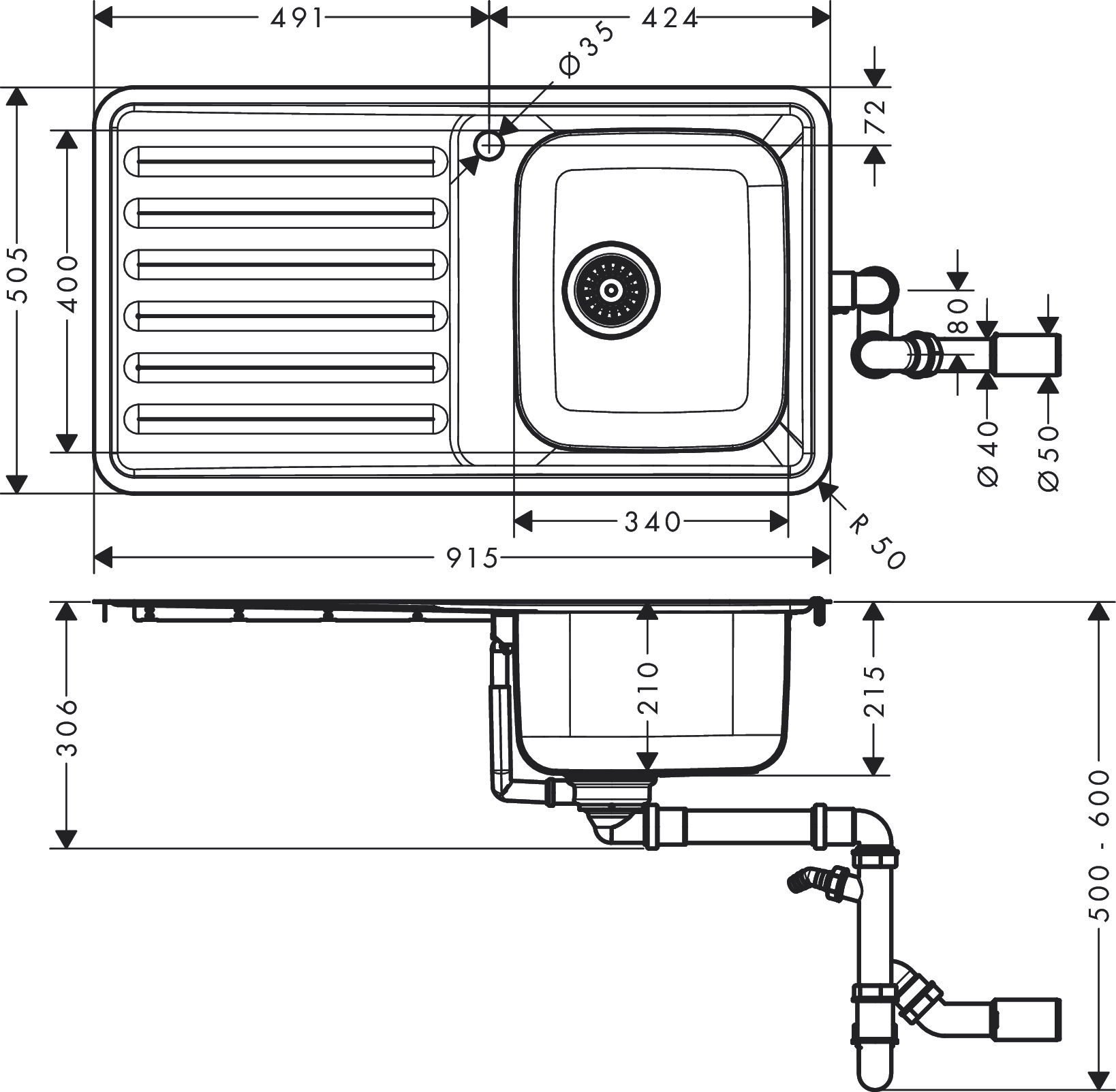 Hansgrohe Einbauspüle 340 mit Abtropffläche  S4111-F340
