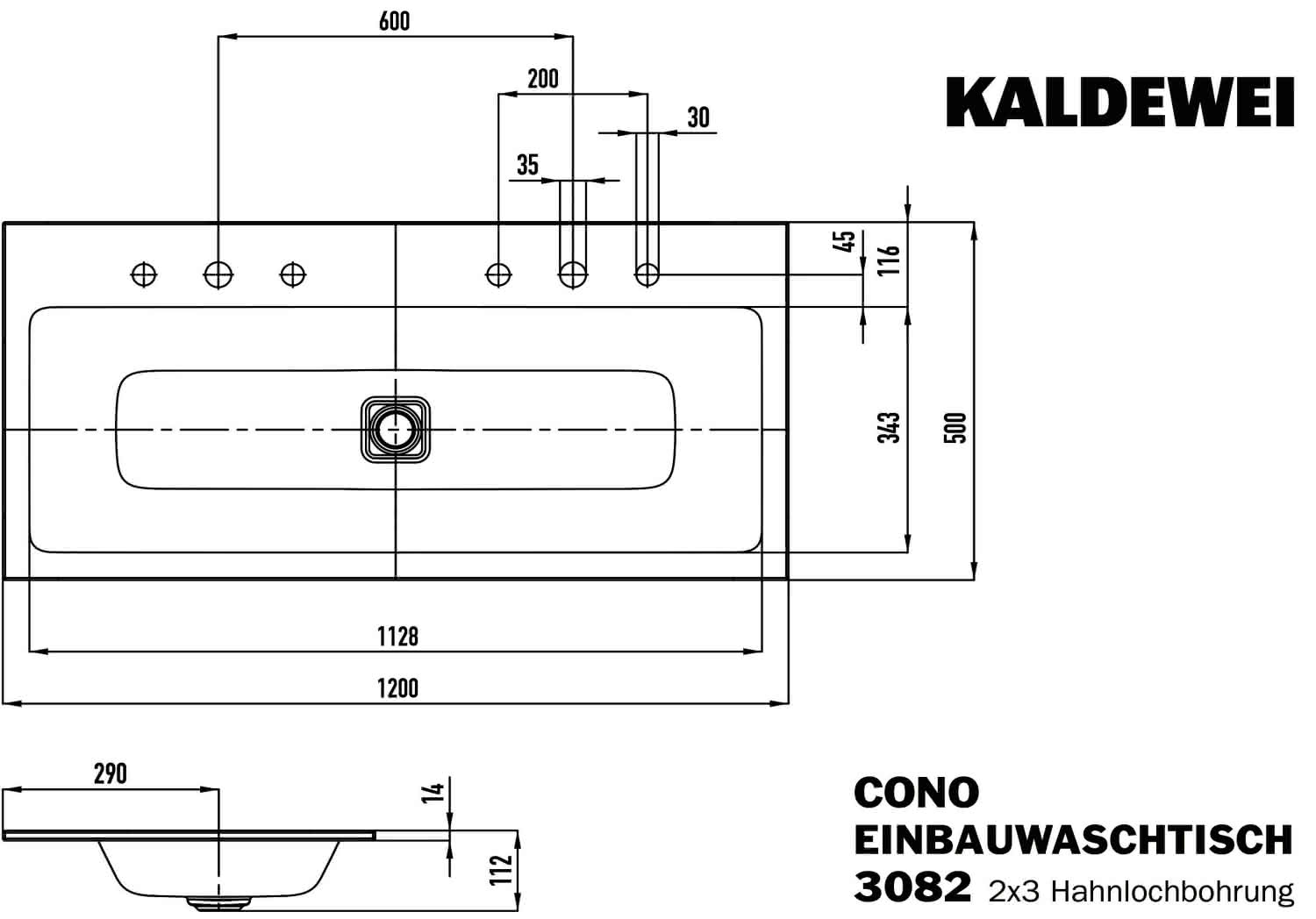 KA WB CONO EINBAUWASCHTISCH Mod.3082, 1200x500mm,alpwe,PEFF,AD,m. 2x3HL,oÜL
