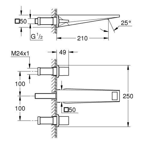 GROHE 3-L-WT-Wandbatt. Allure Brilliant 20629 FMS Ausl. 210mm hard graphite geb.