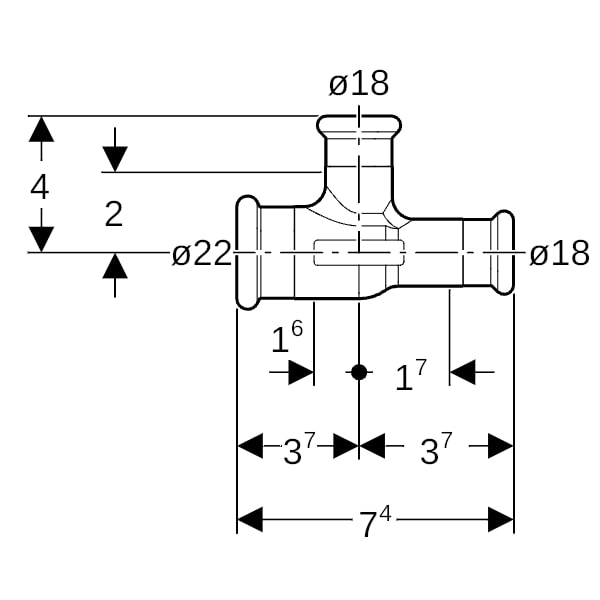Geberit Mapress T-Stück reduziert Ms d22-18-18