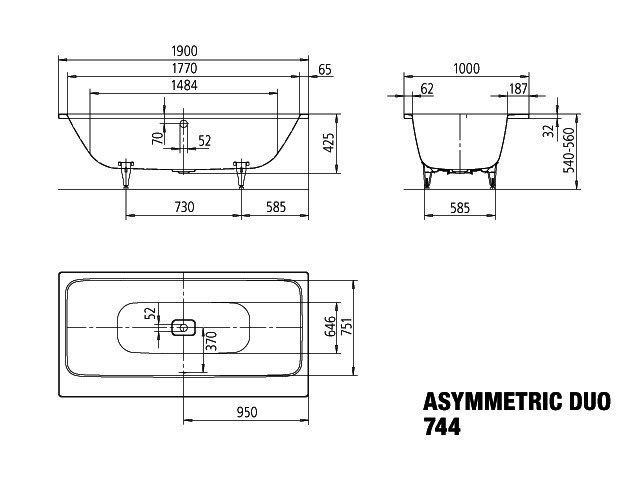 KA BW ASYMMETRIC DUO Mod.744,1900x1000mm ,alpinweiß,Perl-Effekt