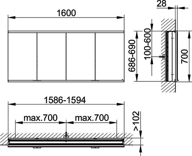 KEUCO Royal Modular 2.0 SPS, unbel. 80040, Einb,4Steckd,sb-elox,1600x700x120mm