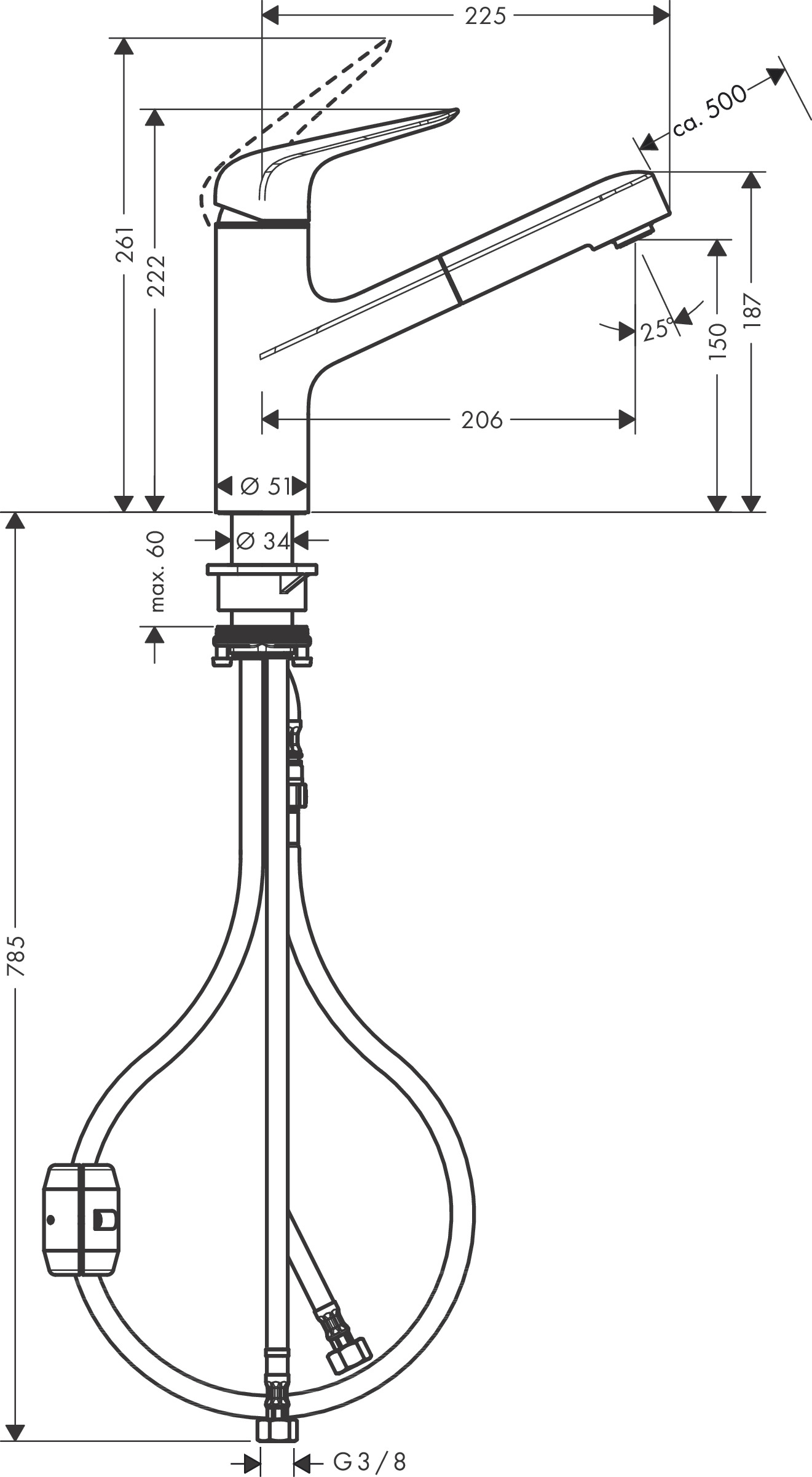 Hansgrohe Spültischmischer 150 Focus M42  Ausziehauslauf 1jet chrom
