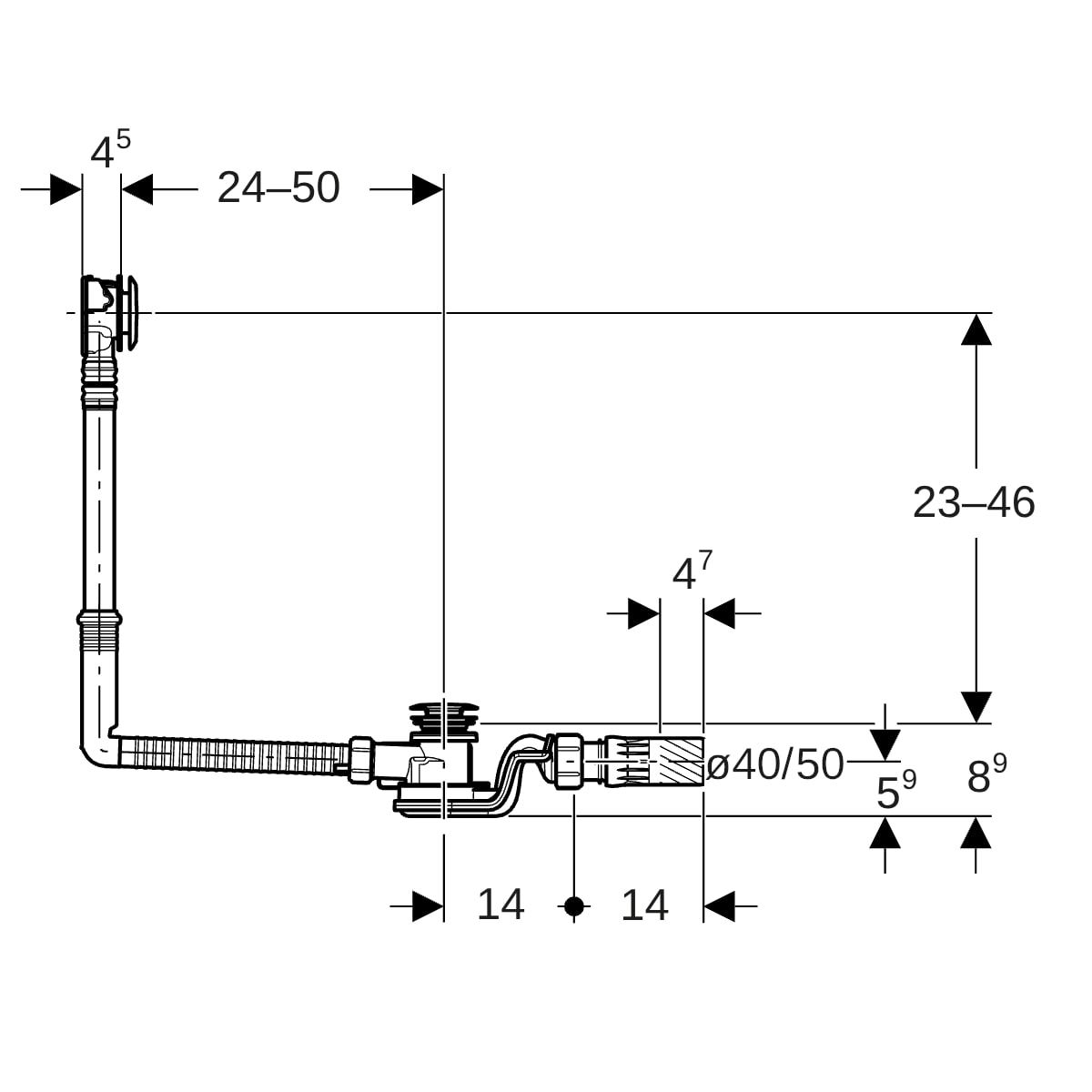 Geberit BW-Ablauf, mit PushControl d52 L:50cm, mit Fertigbauset, DN40/50, chrg