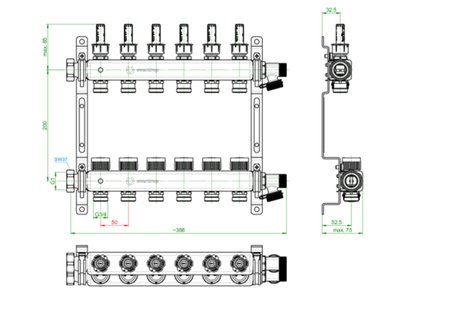 OVENTROP-Edelstahl-Verteiler 1" Multidis SF für 6 Kreise, 0-5 l/min