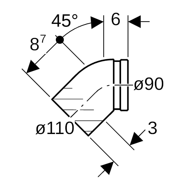 Geberit PE Anschlussbogen 45Gr mit Anschlusssteckmuffe d110/90