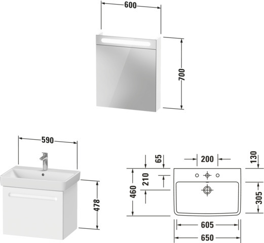 Duravit No.1 Möbel-Set 650x450mm, WT,WTU m.Auszug 1, SPS Türanschl. L, Weiß Matt