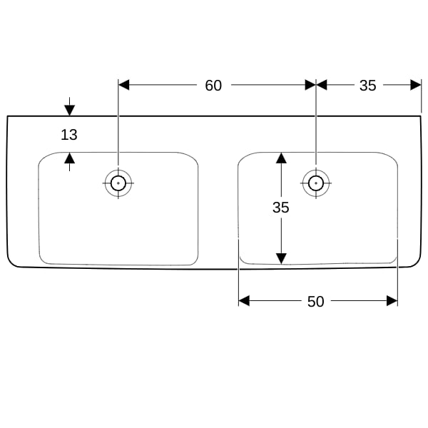 Geberit Renova Plan Doppelwaschtisch 130x48cm o. Hl., o. Ül., weiß