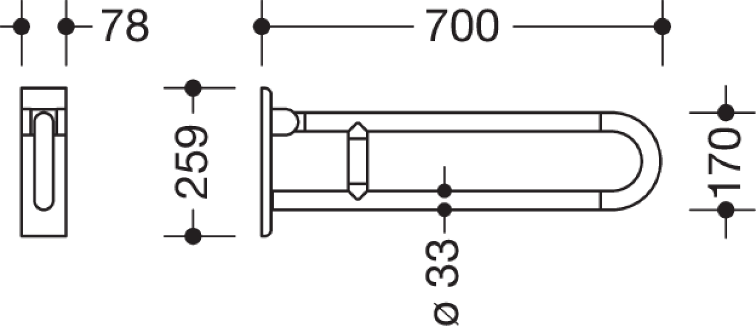 HEWI Stützklappgriff, drehb., Ser 801, L:700mm, antimikrobiell signalweiß