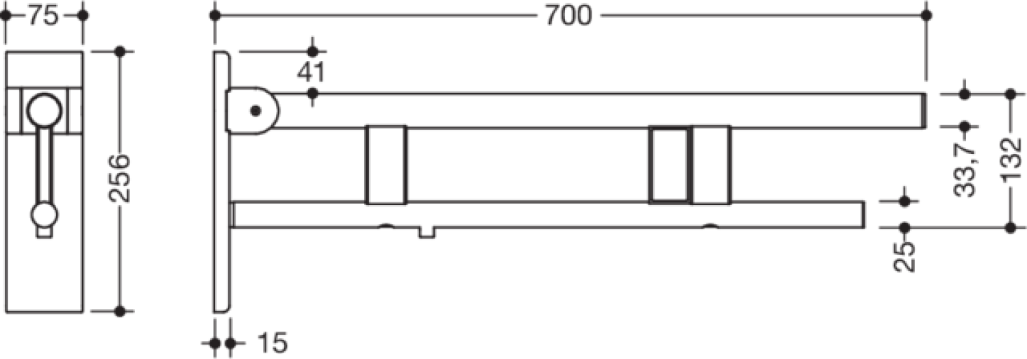 HEWI SK-Griff Duo (B), re, 700, WC-Spül (E-Ausf.),schliff