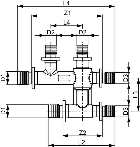 TECEflex Kreuzungsfitting 16 x 16 x 16 mm, vernickelt