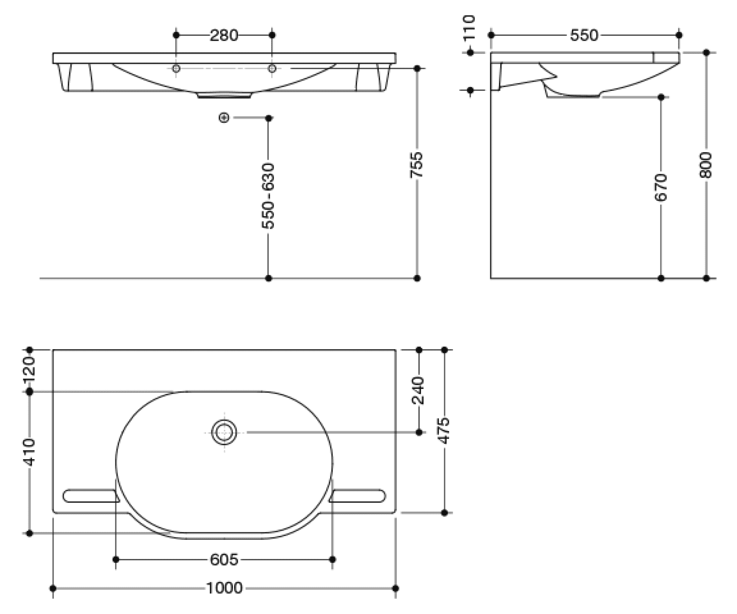 HEWI Waschtisch, B:1000mm, T:550mm, alpinweiß, ohne Überlauf, ohne Hahnloch