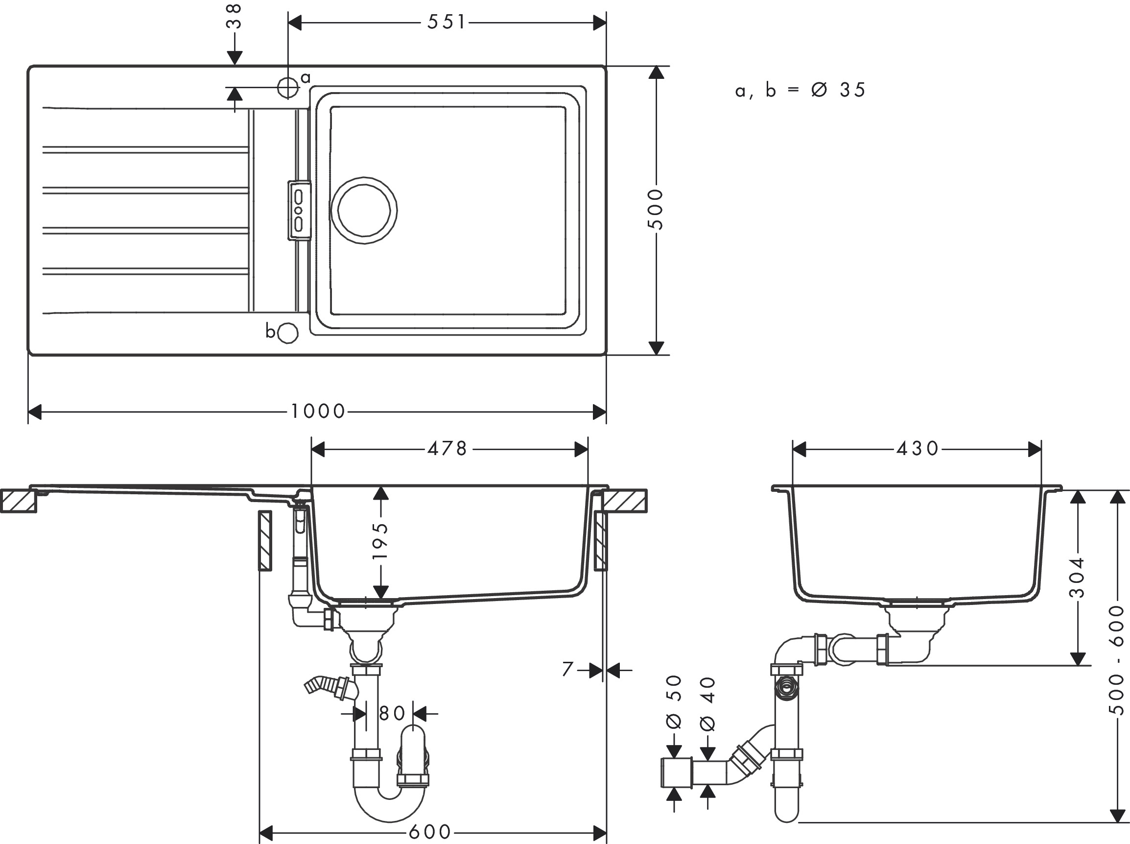 Hansgrohe S520-F480 Spüle  aut. ALG D-100 L graphitschwarz