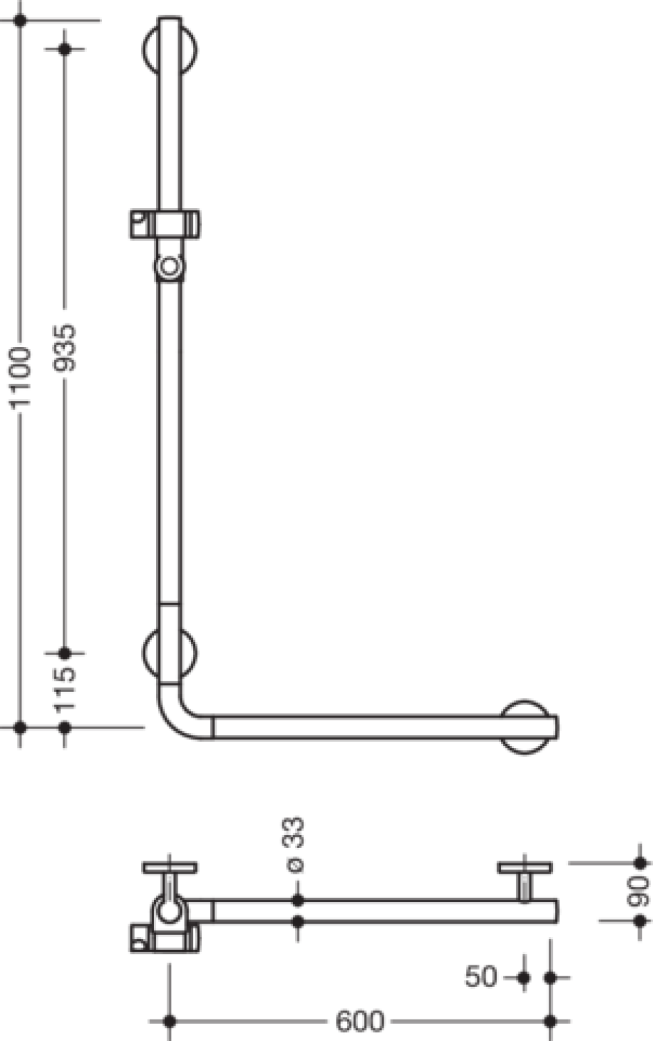 HEWI Winkelgriff m.Br.H.,AM1:1100,W1:600 m.Br.H. schwarzer Punkt signalweiß