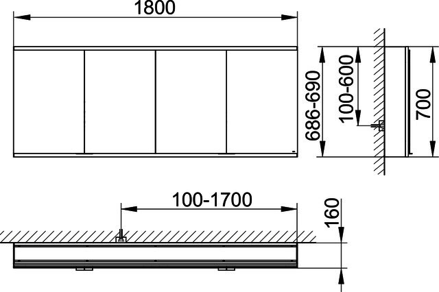 KEUCO Royal Modular 2.0 SPS, unbel. 80040, Vorb,4Steckd,sb-elox,1800x700x160mm