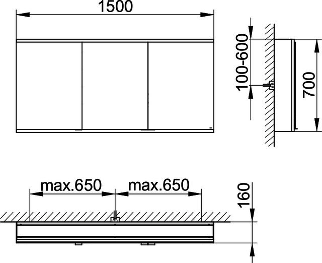 KEUCO Royal Modular 2.0 SPS, bel. 80031, Vorb,oSteckd,sb-elox,1500x700x160mm