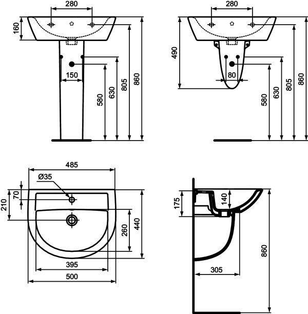 IS Handwaschbecken Eurovit, 1 Hl., m.Ül., 500x440x175mm, Weiß