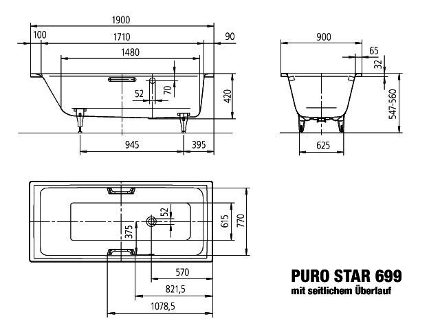 KA BW PURO STAR MIT SEITLICHEM ÜBERLAUF Mod.699,1900x900mm,alpinweiß,VAS