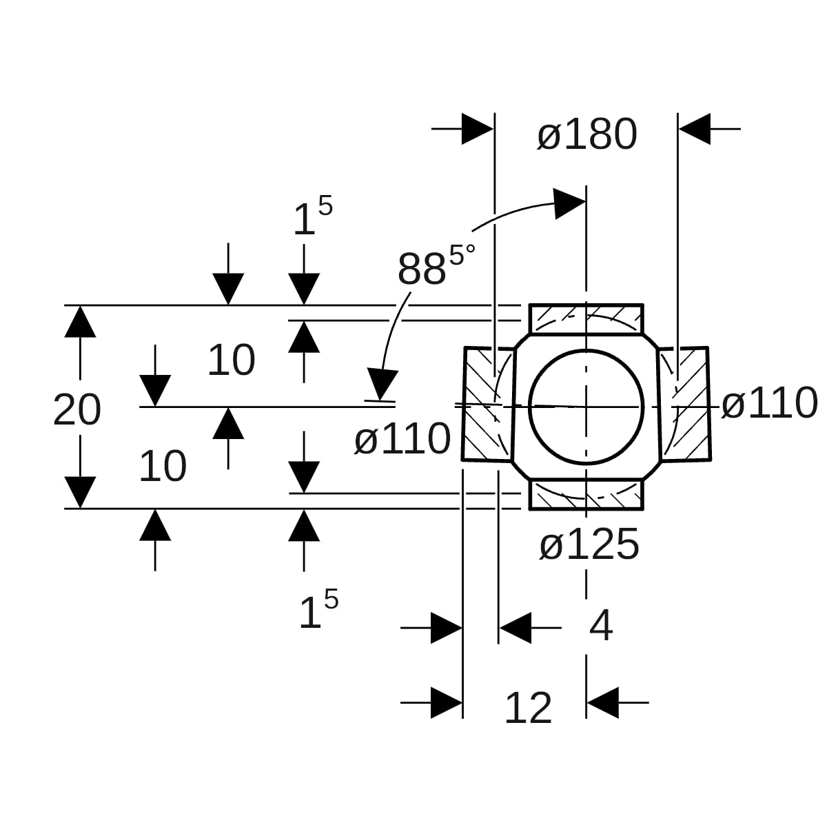 Geberit PE Kugelabzweig 88,5Gr dreifach Anschlüsse 90Gr versetzt d125/110