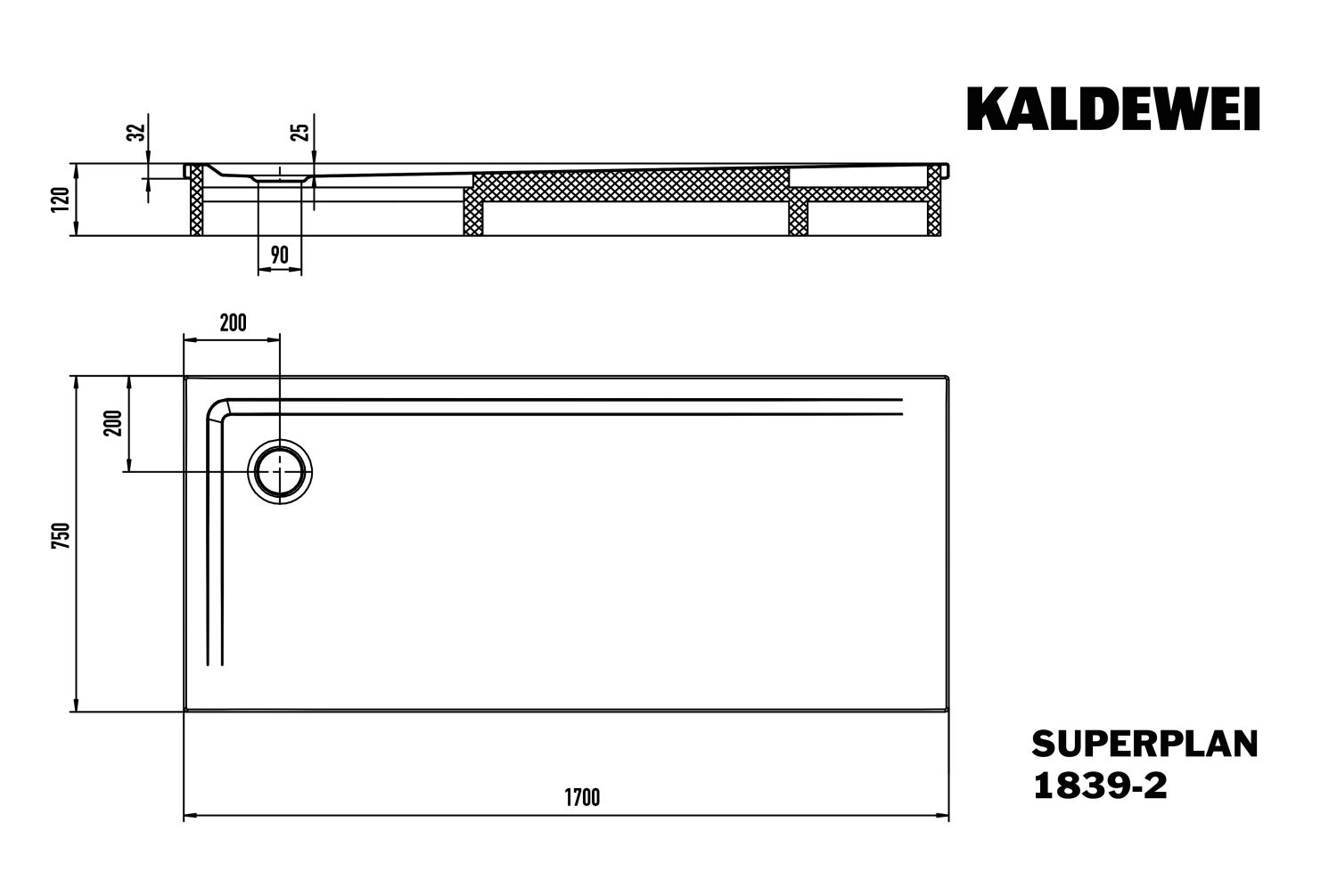 KA DW SUPERPLAN mit Wannenträger Mod. 1839-2,750x1700mm,alpinweiß,m. WT