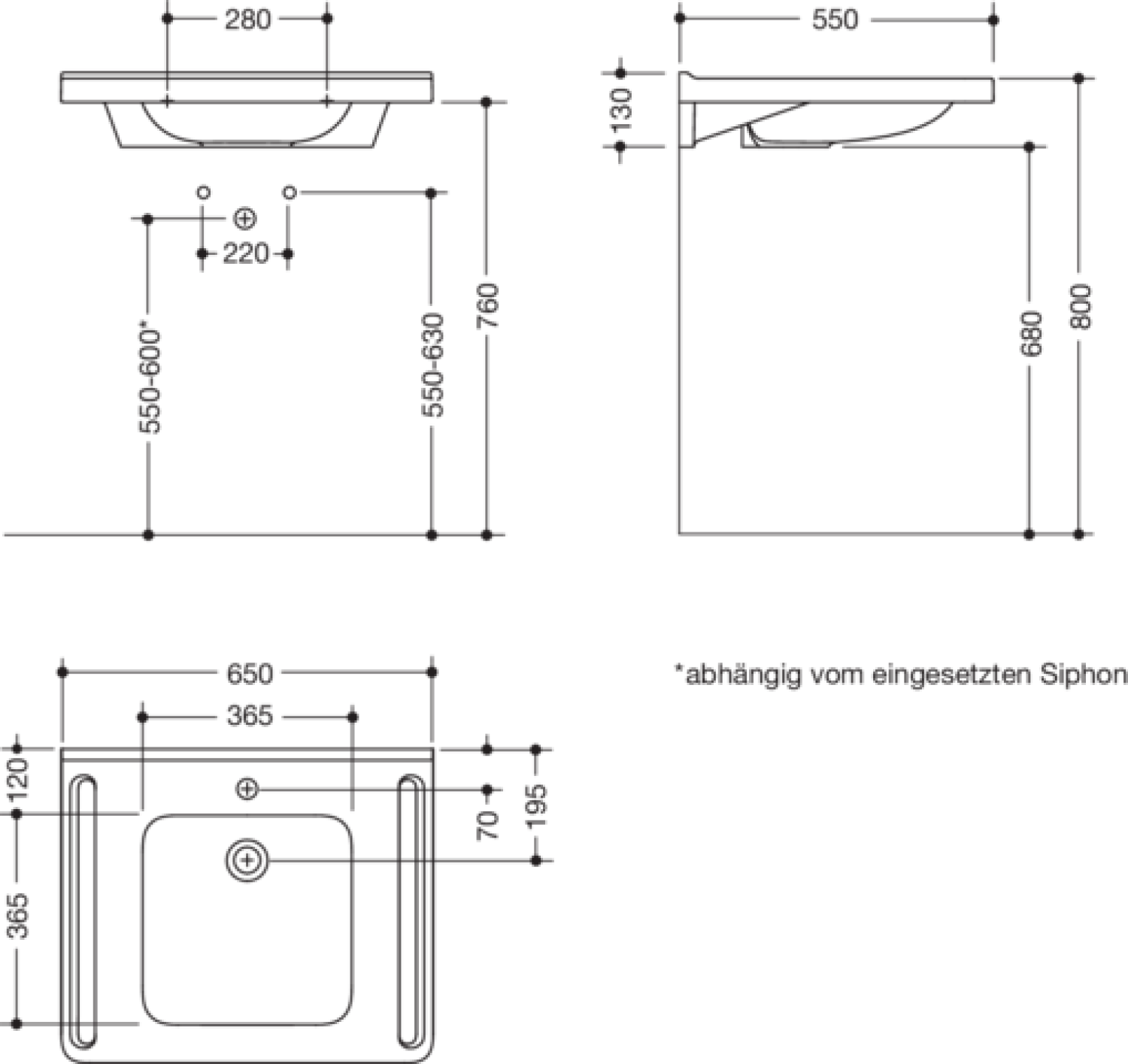HEWI Waschtisch, Schwallkante, eckige Mulde, 650x550mm, 1 HL
