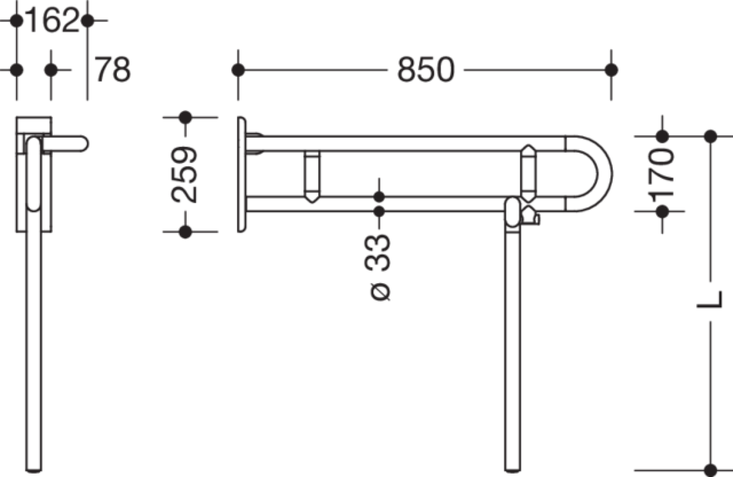 HEWI SK-Griff drehb Ser 801, L:850, li, m. Bod-St., Stützlast 300 kg signalweiß