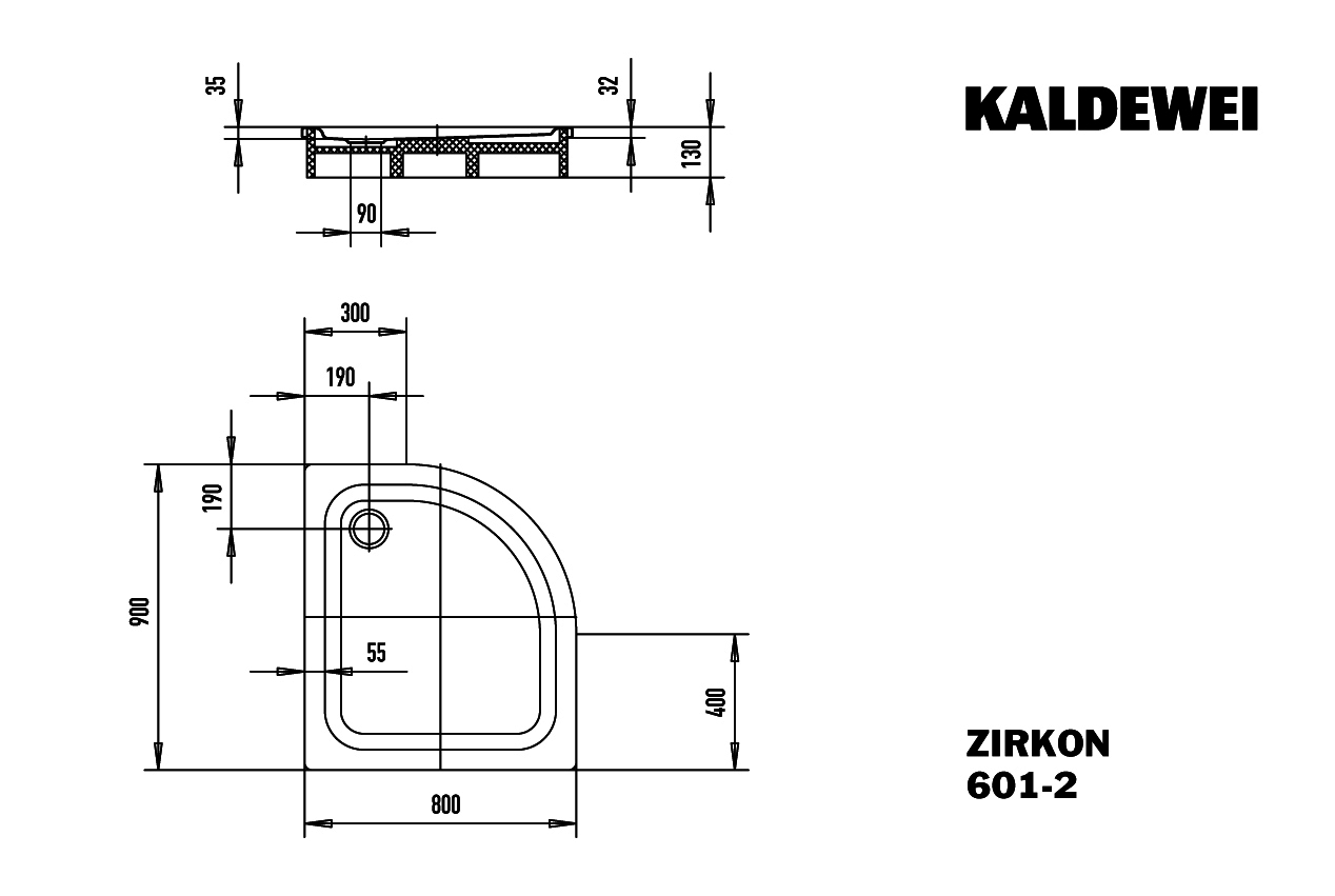 KA DW ZIRKON MIT WANNENTRÄGER Mod.601-2, 800x900mm,alpinweiß,Antislip,m. WT