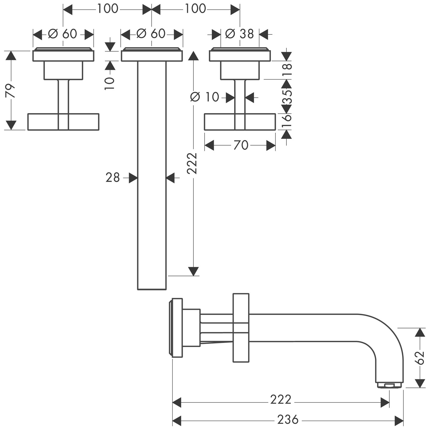 Hansgrohe 3-Loch Waschtischarm.Axor Citterio Wand Fertigset lang BB m.Kreuzgriffen