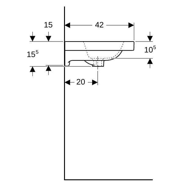 Geberit iCon Light WT 75x42cm, verk. Ausld. mit Hahnloch, ohne Überlauf, weiß