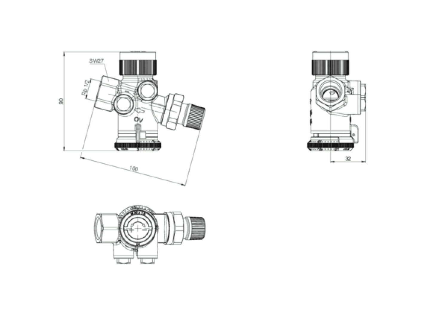 OVENTROP-Regulierventil "Cocon QTZ",ohne Messventile, DN15, 1/2"IG, 30-210 l/h