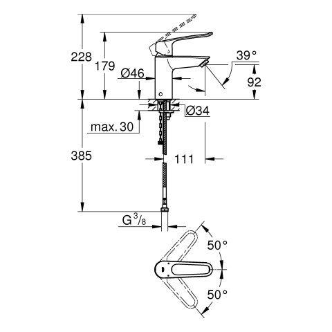 GROHE EH-WT-Batterie Eurosmart 23986_3 S-Size Verbrühschutz offener Hebel chrom