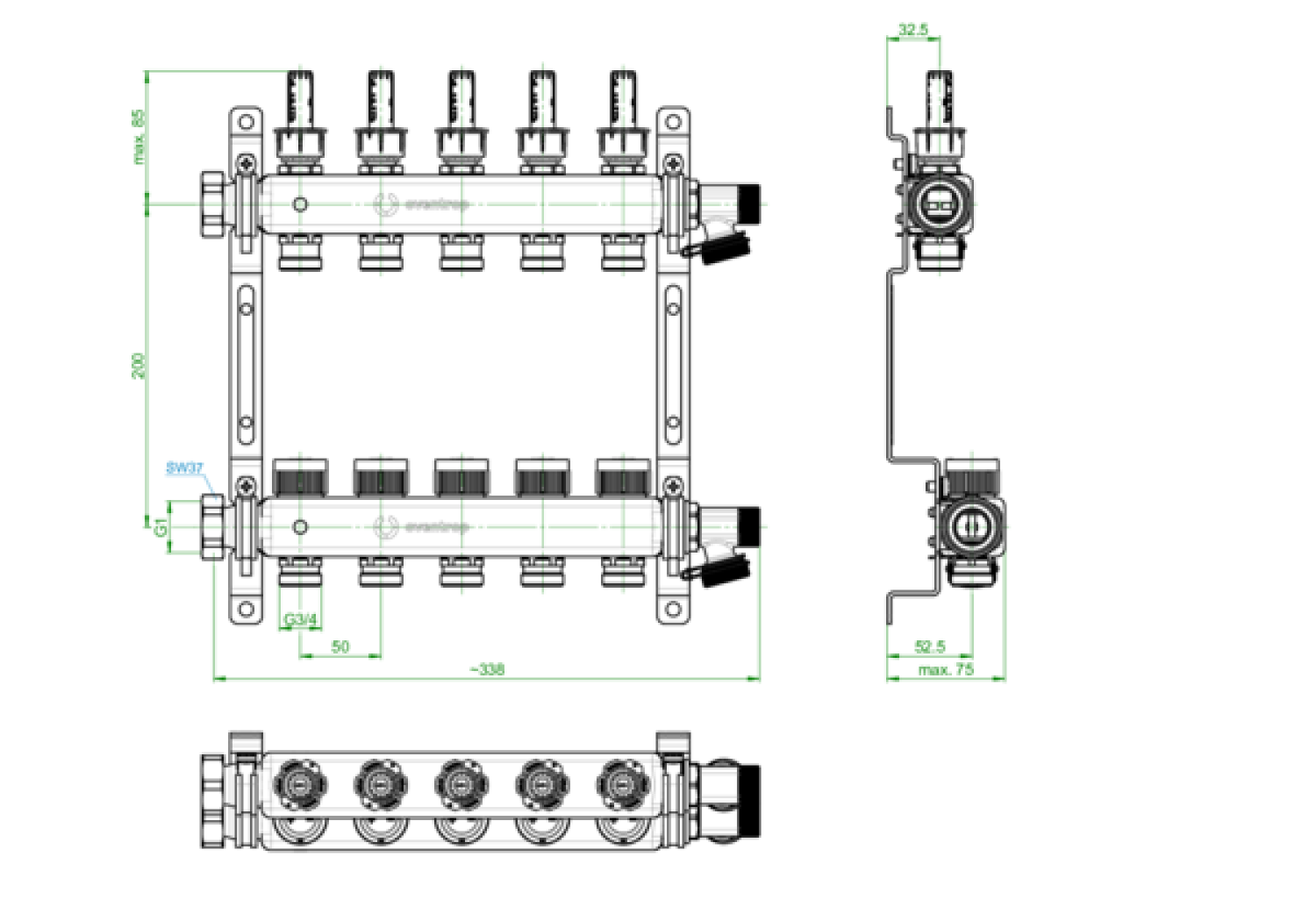 OVENTROP-Edelstahl-Verteiler 1" Multidis SF für 5 Kreise, 0-5 l/min