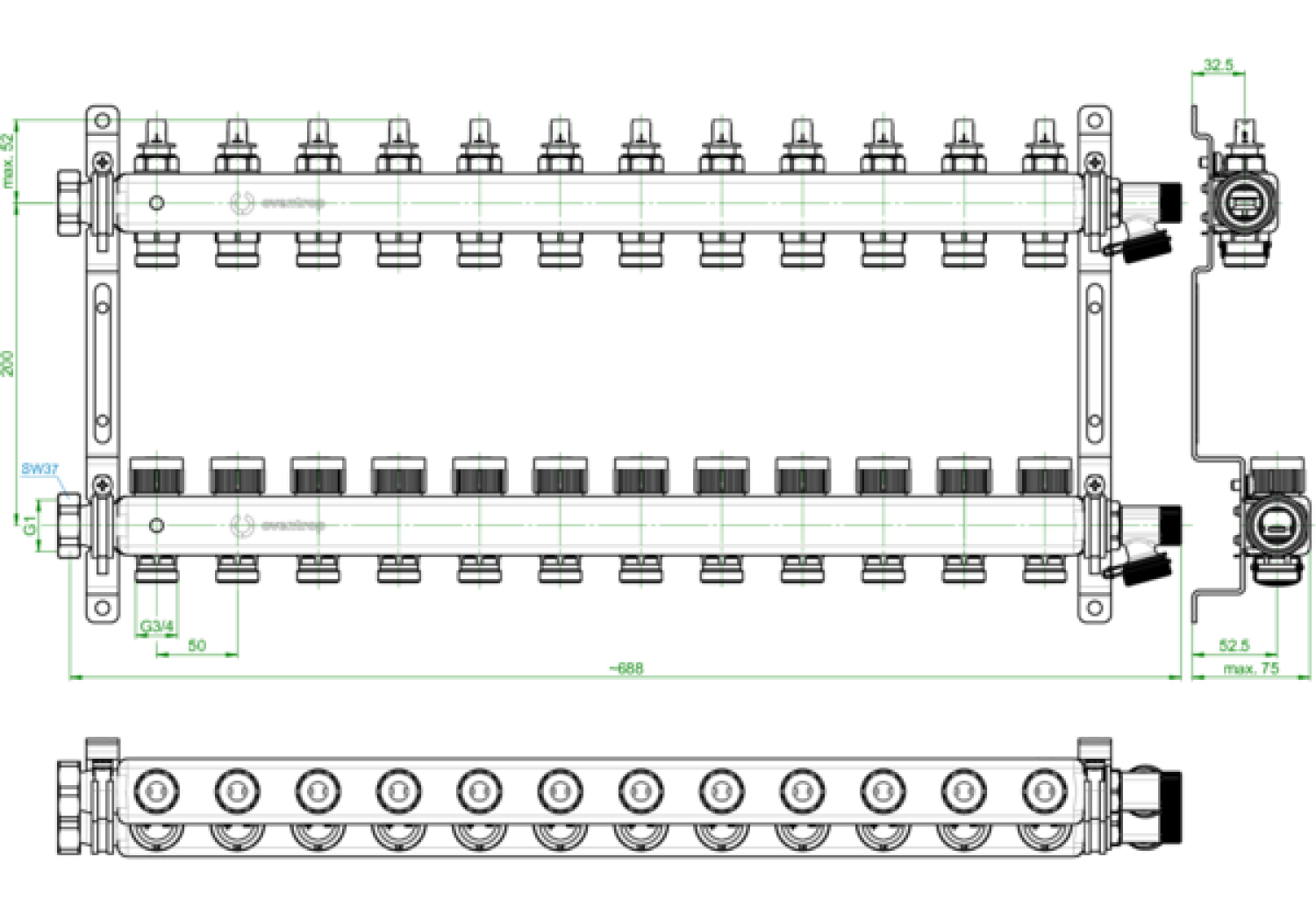 OVENTROP-Multidis SFQ Edelstahlverteiler mit Durchflussindikator 12 Kreise