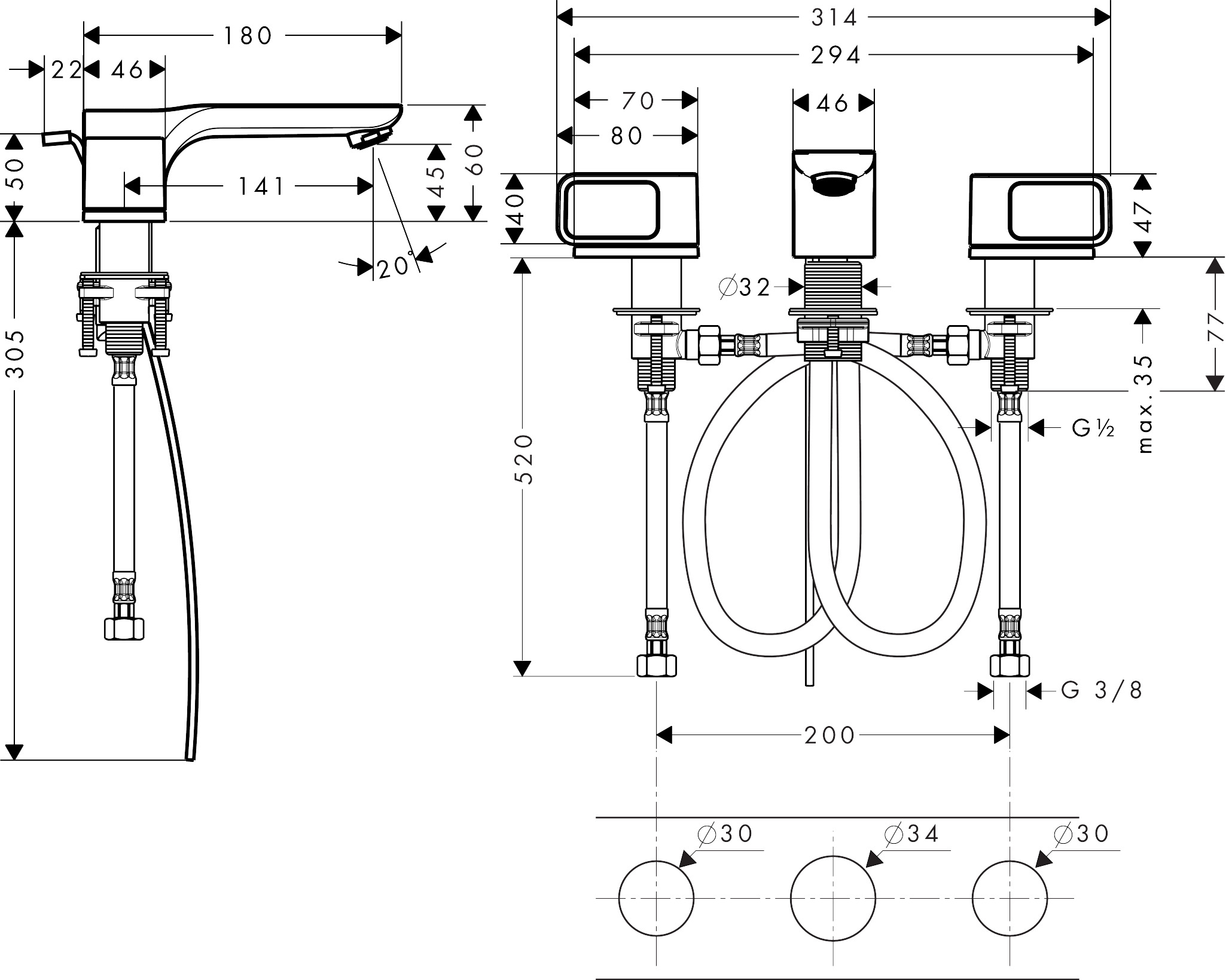 Hansgrohe 3-Loch Waschtischarmatur 50 Axor Urquiola Standmodell BBR ohne Platte
