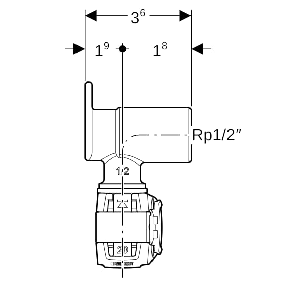 Geberit FlowFit Eckanschlusswinkel 90Gr Rg+ d20-Rp1/2 L:36mm