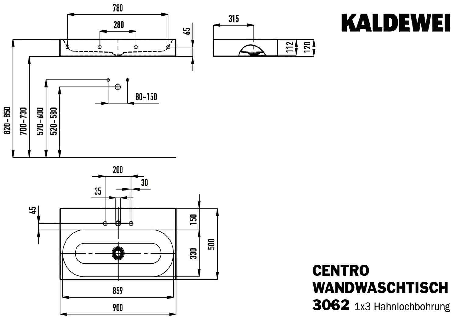 KA WB CENTRO WANDWASCHTISCH Mod.3062,900 x500mm,alpinweiß,Perl-Effekt,m. 3HL,oÜL