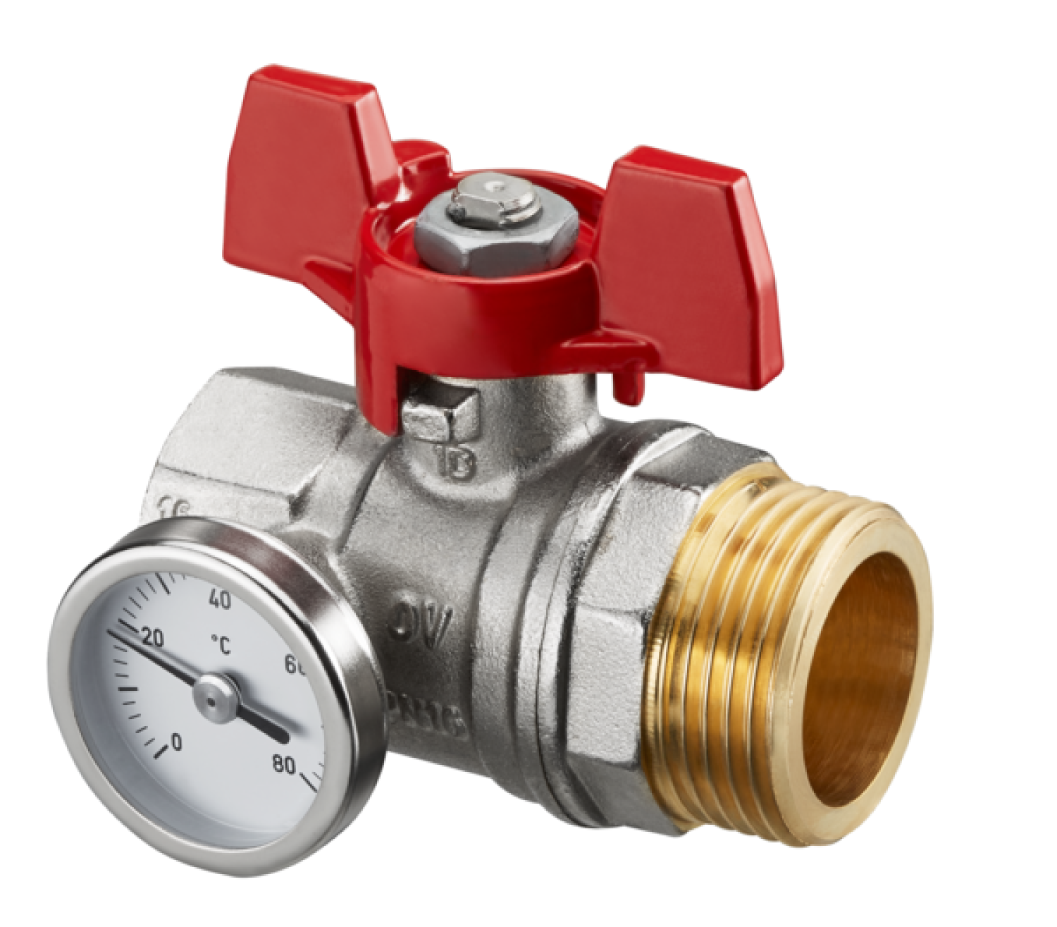 OVENTROP-Kugelhahn, roter Griff m.Thermometer, 1"IG x 1"AG, flachdicht. OVENTROP-Kugelhahn, roter Griff m.Thermometer, 1"IG x 1"AG, flachdicht.