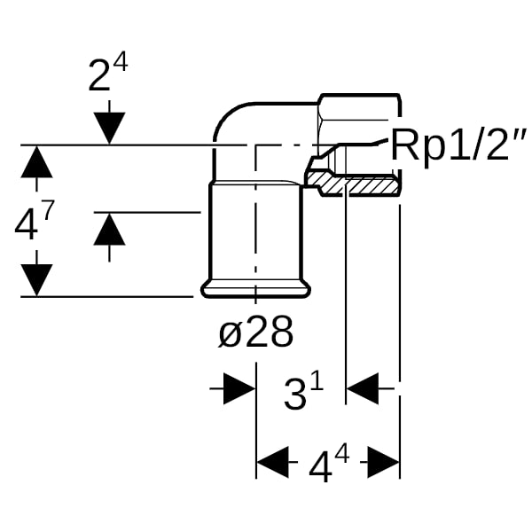 Geberit Mapress C-Stahl Übergangswinkel 90Gr mit IG d28-Rp1/2 verzinkt